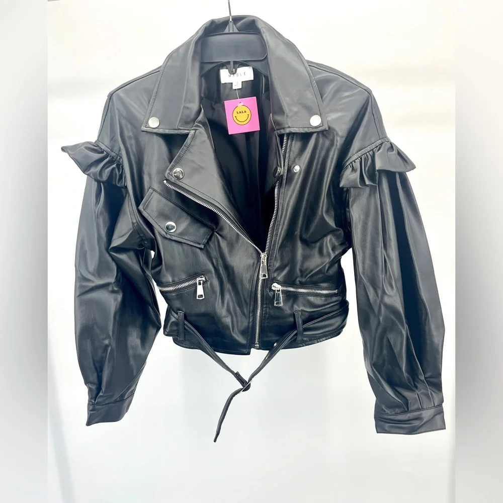 Women’s Chic Black Leather Jacket with Ruffle Sleeves Pockets Snap Buttons - Picture 2 of 9
